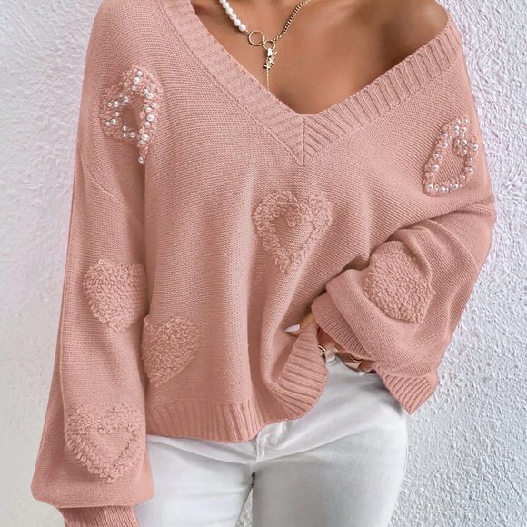 Coral Pink Casual Womens Pearls Heart Detail V-neck Drop Shoulder Sweater - Picture 4 of 5